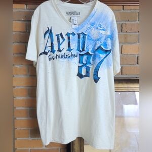Aeropostale Cream and Blue Graphic Tee XLT